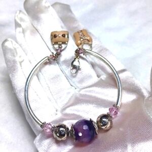 Liquid  Silver Bracelet Purple Round Stone / W Beaded Crystal Beads  & Charms